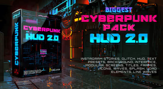 AE/PR模板/视频素材-未来科幻赛博朋克风格图形元素文字标题背景动画