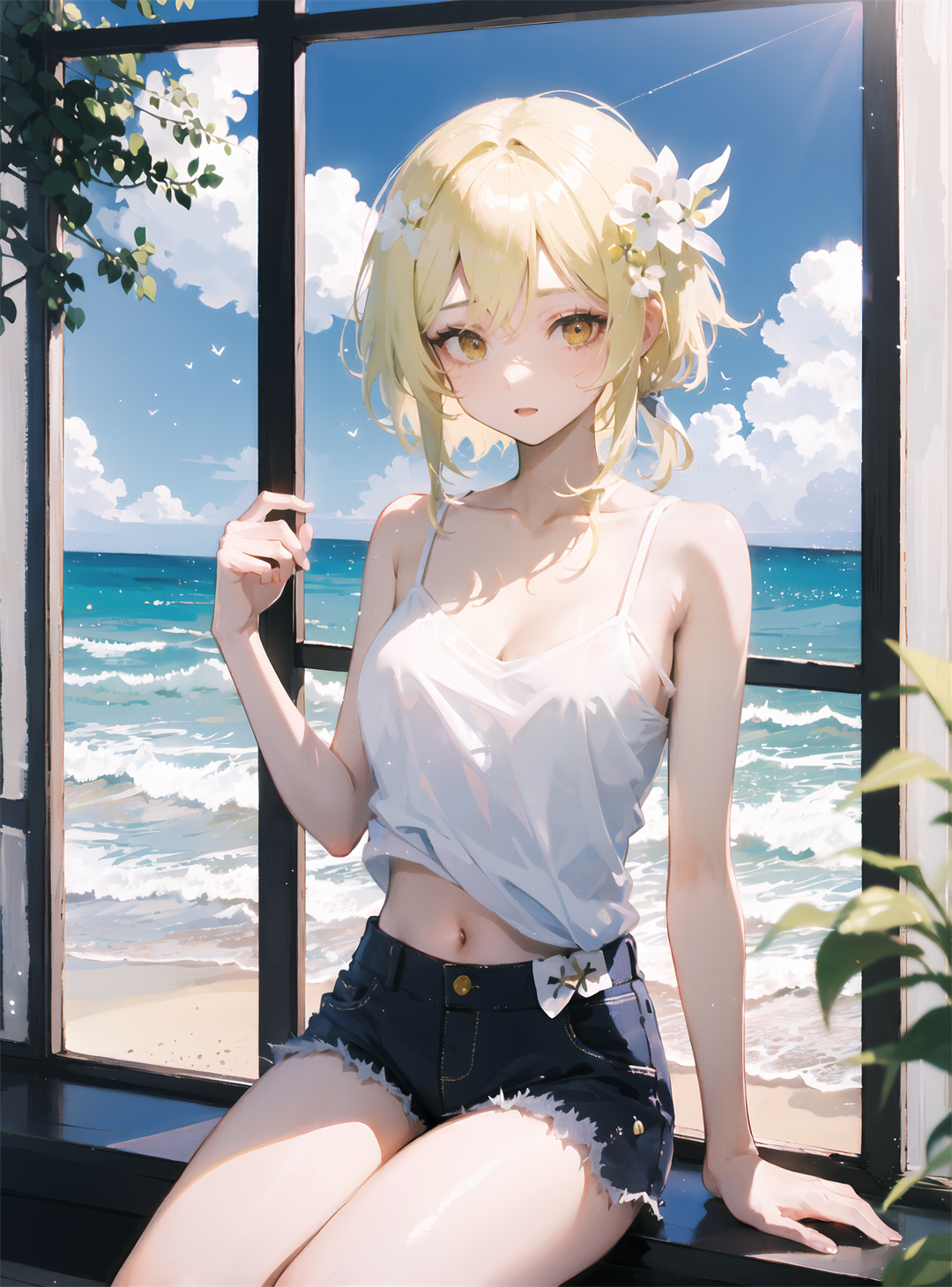 AI绘画 原神 窗台 海边 天空 美景