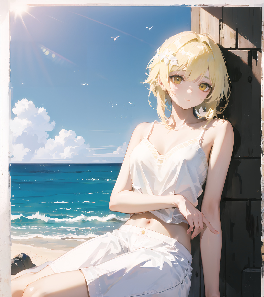 AI绘画 原神 窗台 海边 天空 美景