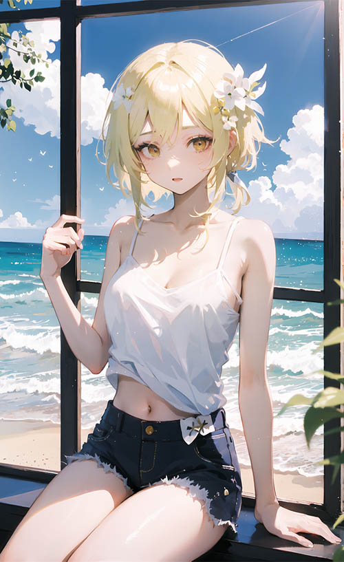 AI绘画 原神 窗台 海边 天空 美景