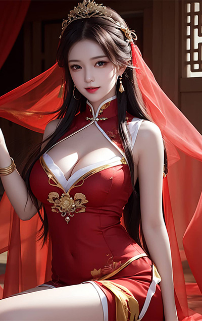 AI绘画 古风美女 红色衣服 3D AI 精致少女