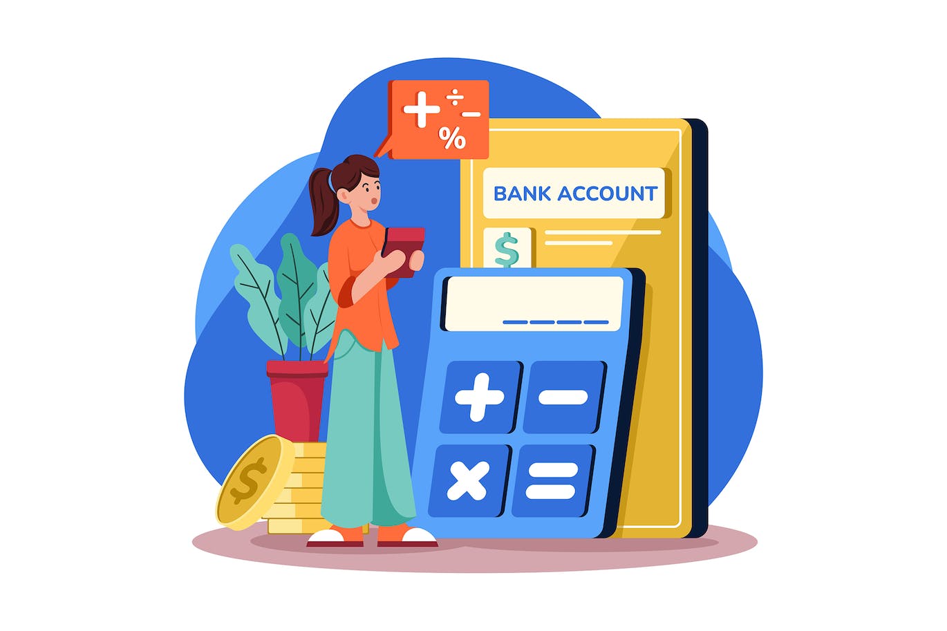 账户统计概念场景插画 Woman Calculating Left Balance In Account-1 账户统计概念场景插画 Woman Calculating Left Balance In Account