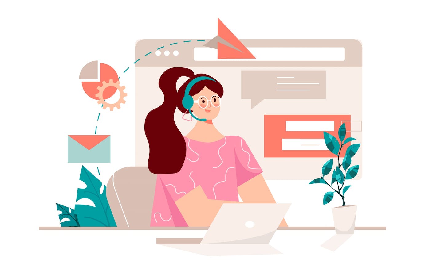 客服帮助概念人物场景卡通插画 Support Pink Concept with People Scene