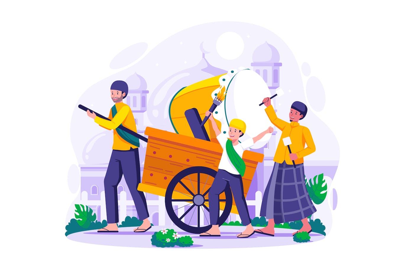 开斋节击鼓传统活动场景矢量插画 Wake Up People for Suhoor on Ramadan Illustration-2 开斋节击鼓传统活动场景矢量插画 Wake Up People for Suhoor on Ramadan Illustration