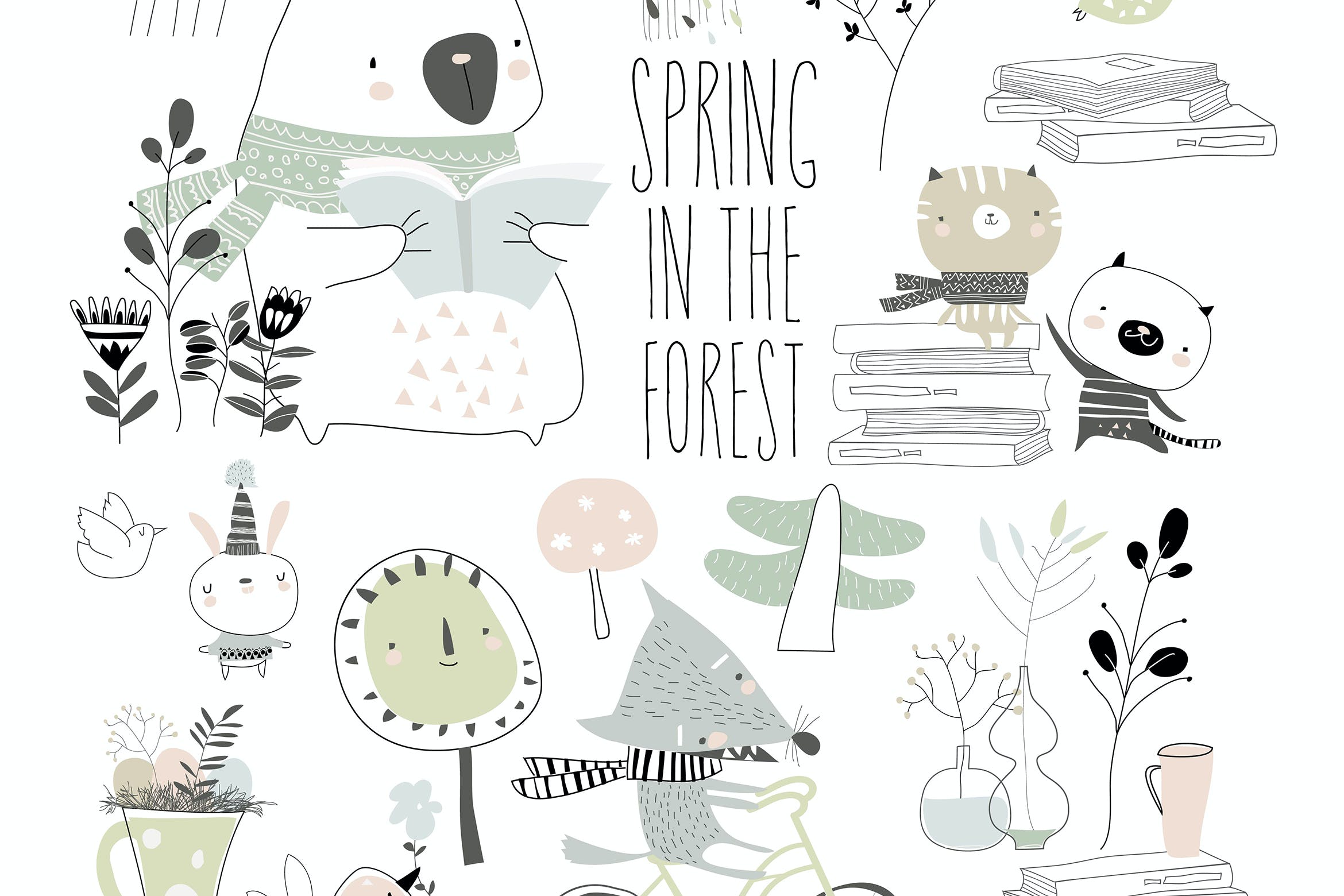 可爱动物春天元素矢量插画 Set of cute animals with spring elements. Hello sp