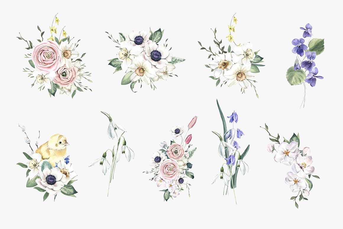 盛开的春季水彩花束手绘插画 Blooming Spring Watercolor Bouquets
