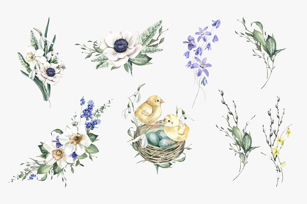 盛开的春季水彩花束手绘插画 Blooming Spring Watercolor Bouquets