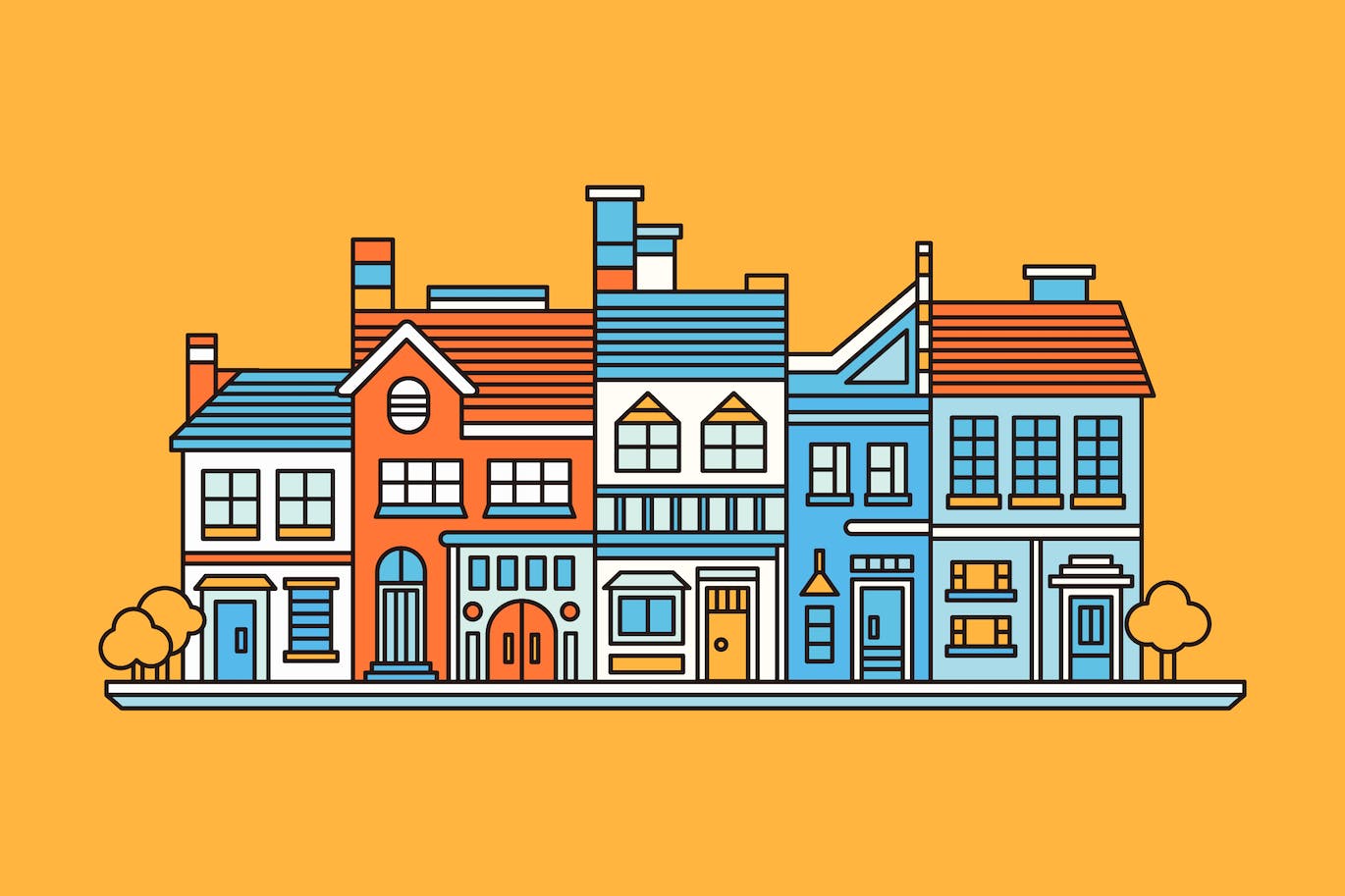 彩绘房屋线条矢量插画 A group of houses with painted edges-1 彩绘房屋线条矢量插画 A group of houses with painted edges