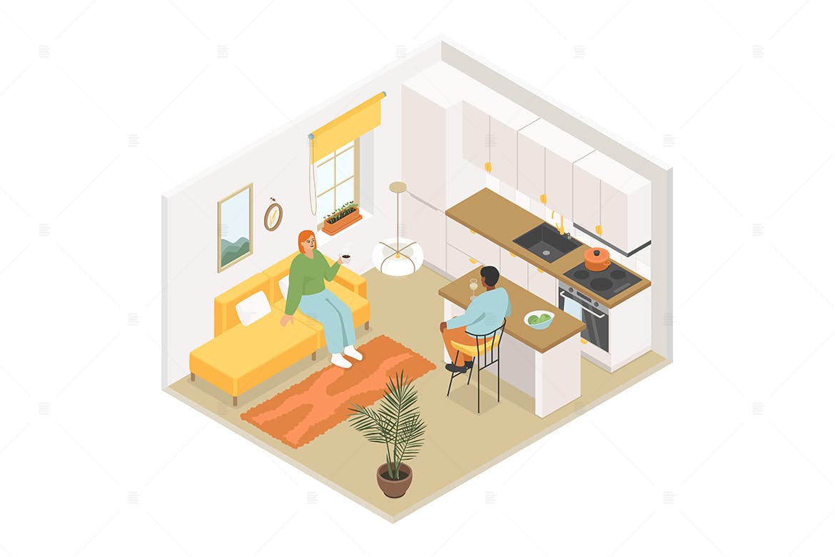 厨房交谈场景彩色等距插画 Kitchen – Colorful Isometric Illustration