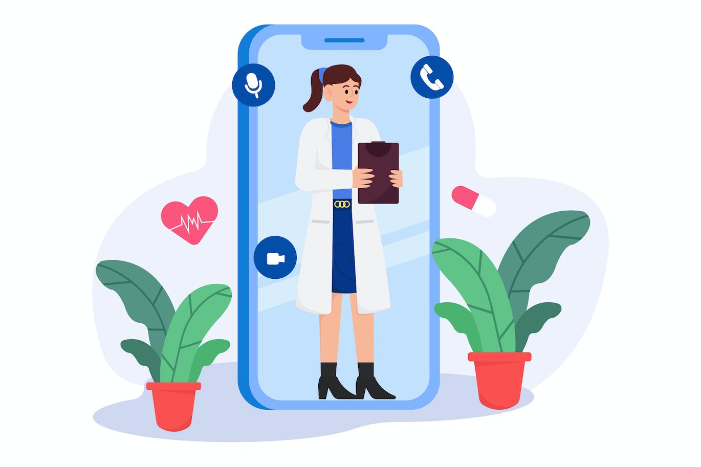 医生视频通话会诊场景插画 Doctor Consultation Via Video Call Illustration