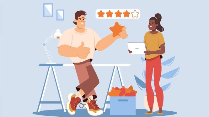 平面卡通风格工作反馈人物场景插画 Best Feedback Blue Concept with People Scene