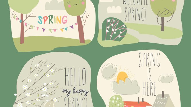 春天景观与乐趣矢量插画 Vector set of different spring landscape with funn
