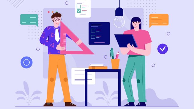 平面卡通风格教学教育人物场景插画 Education Purple Background Concept with People