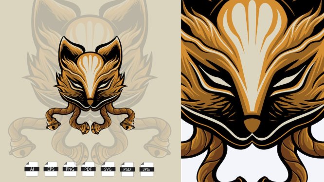 日本风格动物头像矢量插画 Kitsune japane vector illustration