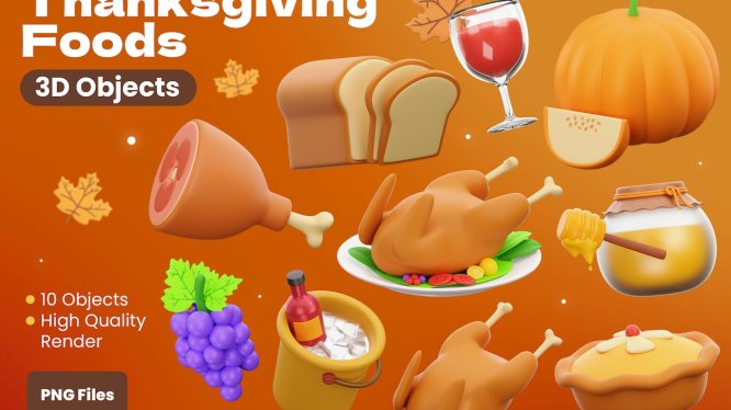 感恩节食品3D插画 Thanksgiving Foods 3D illustration