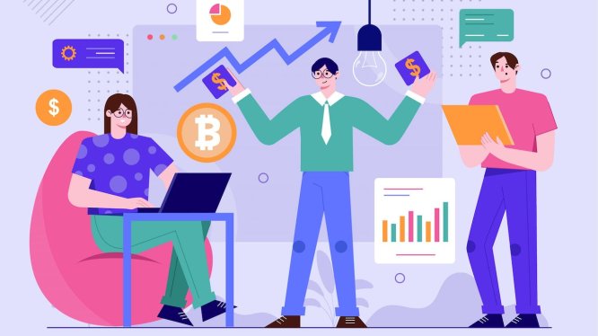 平面卡通风格加密商业人物场景插画 Crypto Business Purple Background Concept