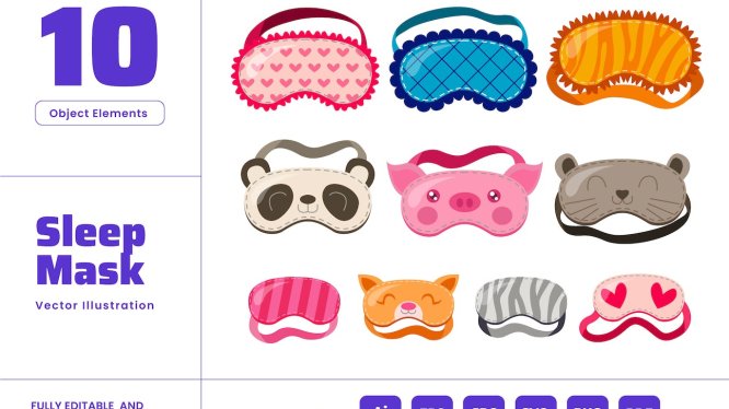 睡眠面膜-可爱动物图案眼罩盲人自我护理矢量插画 Sleep Mask – Cute Animal Eye Mask Blind Self Care