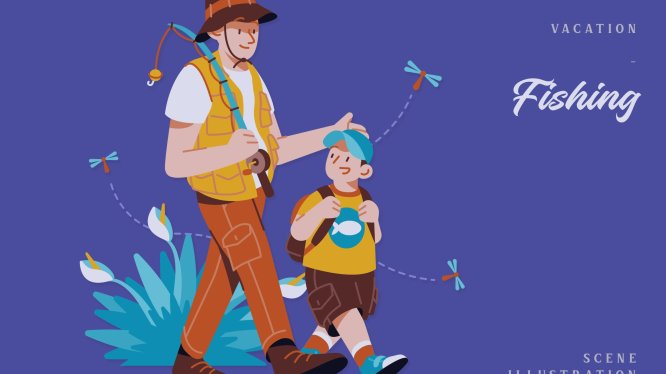 假期钓鱼场景插画矢量素材 Vacation – Fishing Scene Illustration