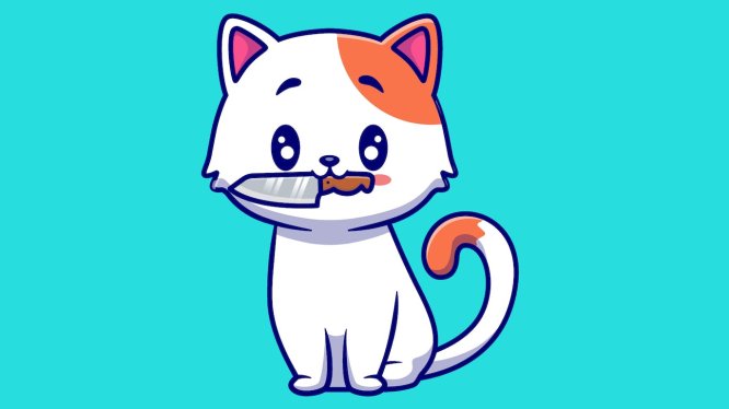 可爱的猫与刀卡通插画 Cute Cat With Knife Cartoon Illustration