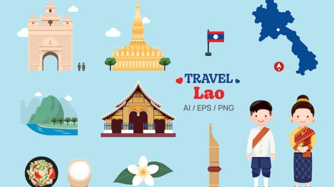 老挝元素地图和地标符号矢量插画 Travel Lao elements map and landmarks symbols
