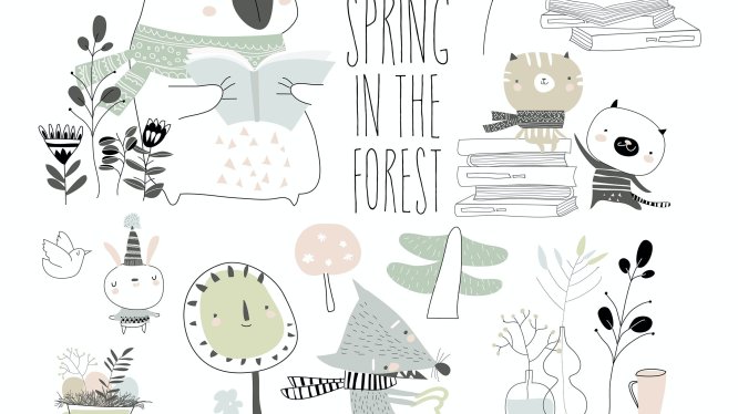 可爱动物春天元素矢量插画 Set of cute animals with spring elements. Hello sp