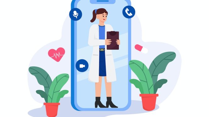 医生视频通话会诊场景插画 Doctor Consultation Via Video Call Illustration