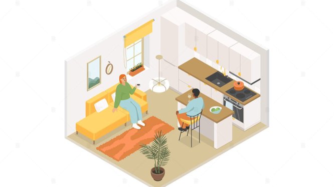 厨房交谈场景彩色等距插画 Kitchen – Colorful Isometric Illustration