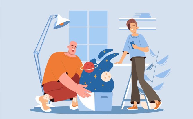 平面卡通风格开放空间人物场景插画 Open Space Blue Concept with People Scene