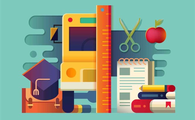 学校教学文具矢量插画 School Concept Items