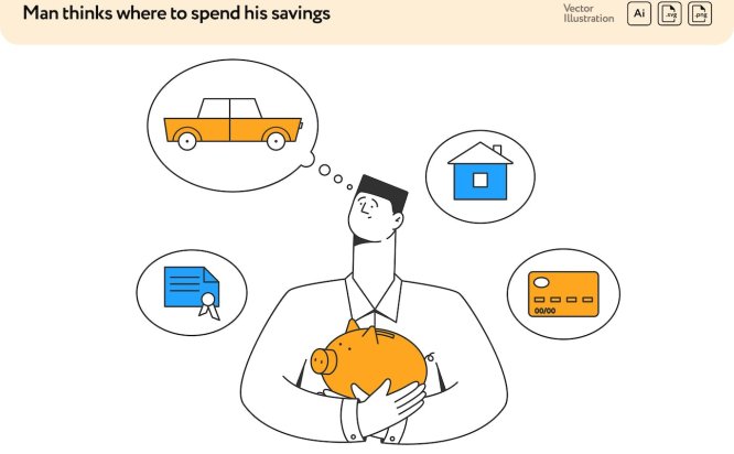 积蓄消费方向矢量插画素材 Man Thinks Where to Spend his Savings