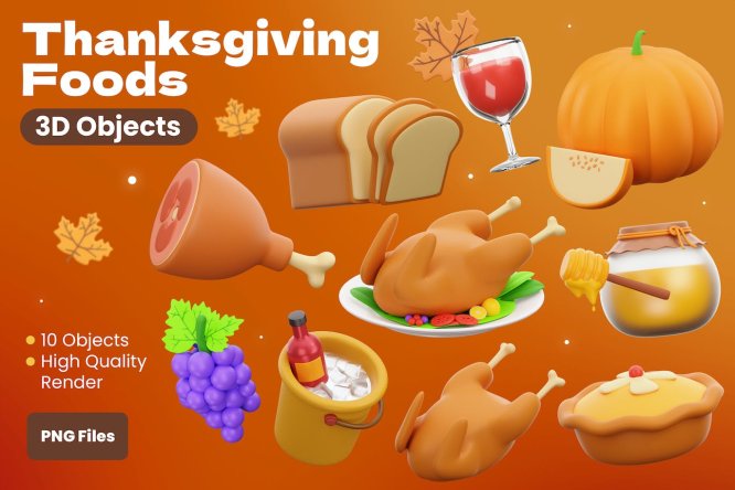 感恩节食品3D插画 Thanksgiving Foods 3D illustration