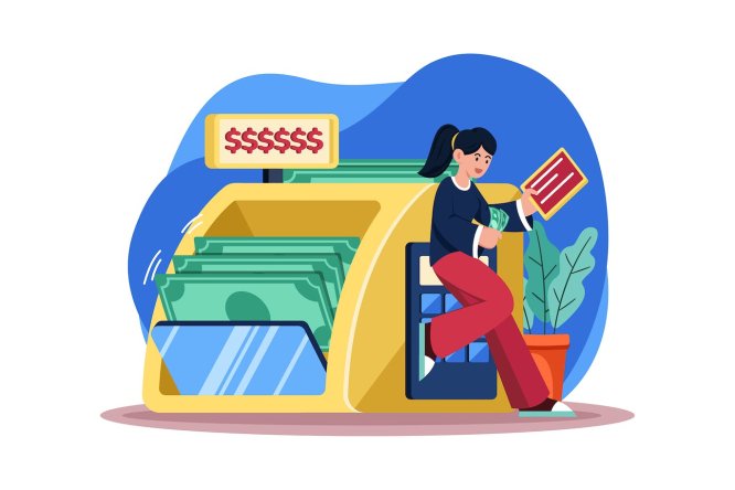 资产统计概念场景插画 Woman Counts The Money She Earns