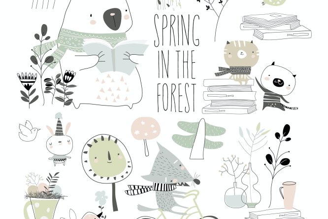可爱动物春天元素矢量插画 Set of cute animals with spring elements. Hello sp